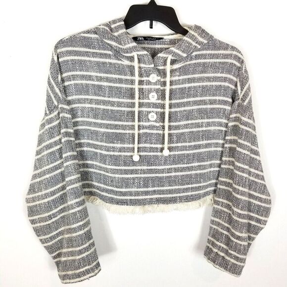 Zara Women Striped Crop Hoodie Sweatshirt Sz L Gray Boho Button Neck - Picture 1 of 4